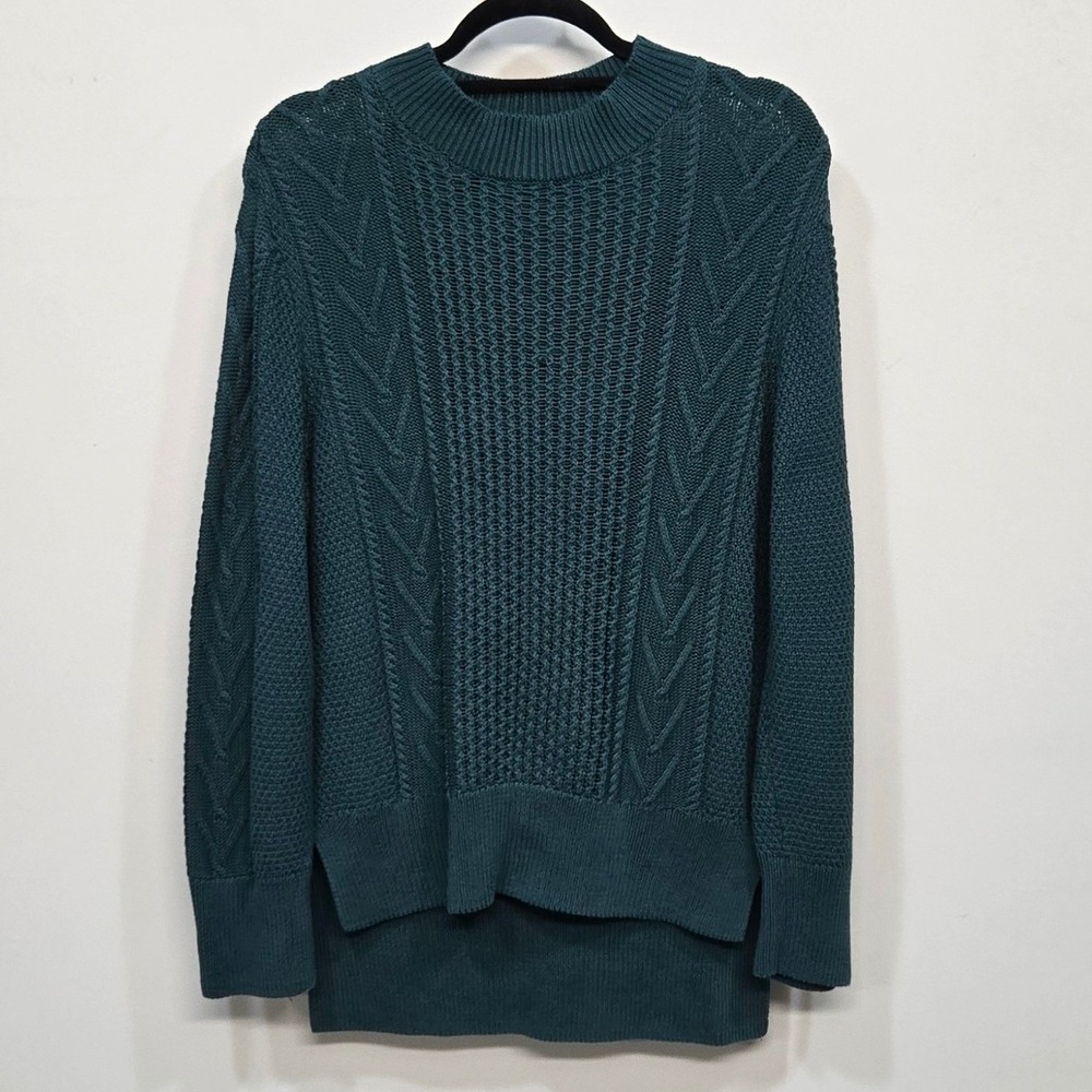 Known Supply Sweater Medium Teal Green Cable Knit Mock Neck 100% Organic Cotton